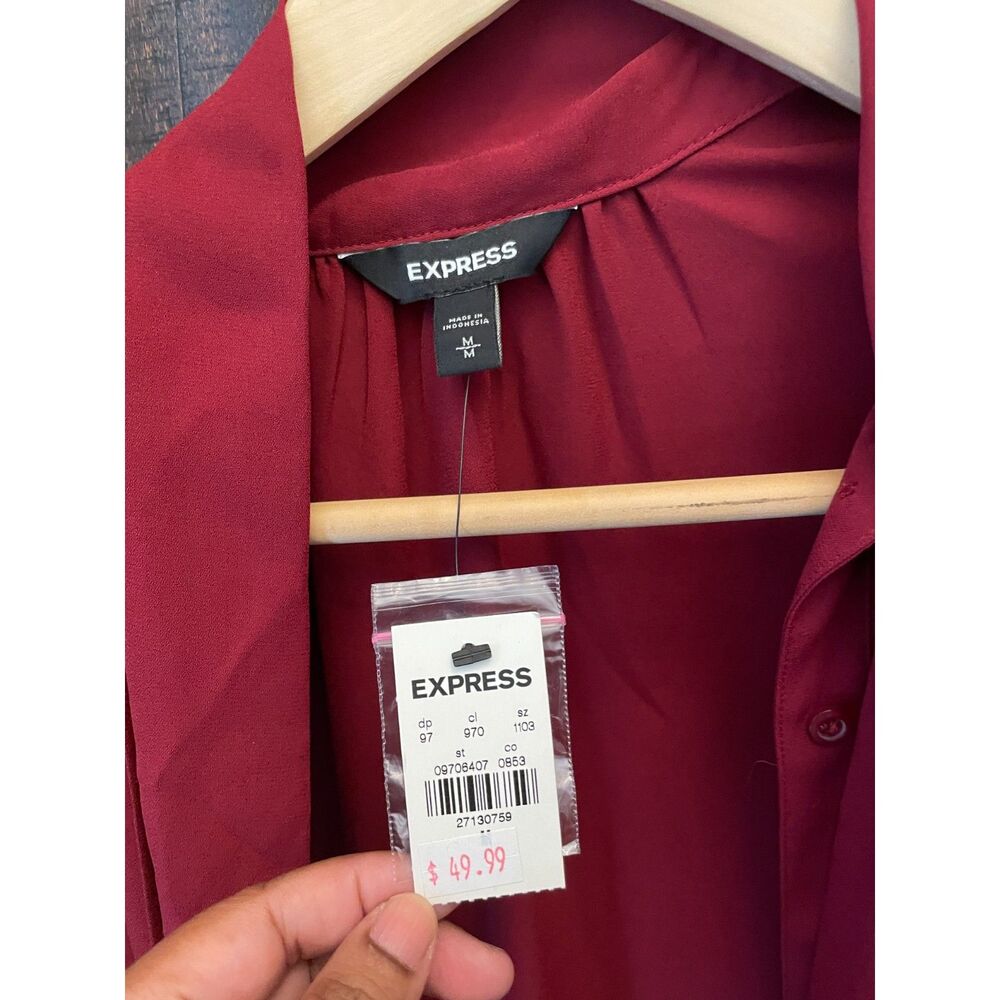 Portofino Bow Tie Neck Blouse Women's M Burgundy Satin Long Sleeve Office Top - Picture 5 of 5